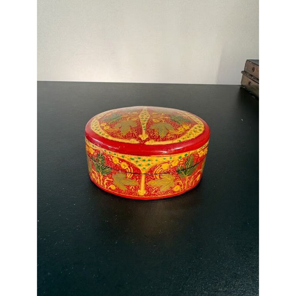 Kashmiri Papier Mache Box Round Red Gold Chinar Leaf Hand Painted Naqashi